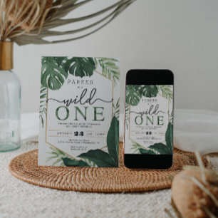 Tropical Monstera Wild One First Birthday Invite