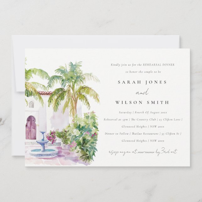 Tropical Moroccan Coutyard Watercolor Wedding Invitation (Front)