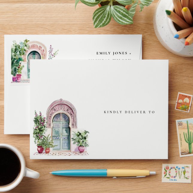 Tropical Moroccan Doorway Watercolor Wedding Envelope (Desk)