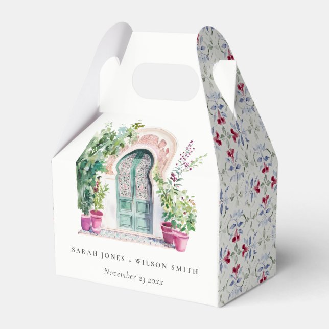 Tropical Moroccan Doorway Watercolor Wedding Favour Box (Front Side)