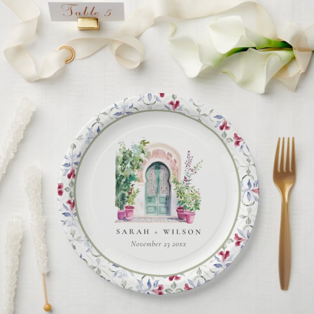 Tropical Moroccan Doorway Watercolor Wedding Paper Plate (Wedding)