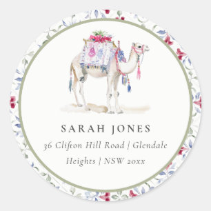 Tropical Moroccan Watercolor Camel Address Classic Round Sticker