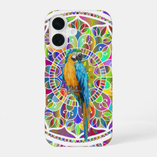 Tropical Mosaic – Blue & Gold Macaw Mandala iPhone 16 Case