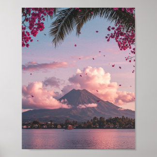 Tropical Mountain Sunset Floral Landscape Poster