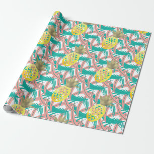 Tropical Multicolor Palm Leaves Gold  Pineapples Wrapping Paper