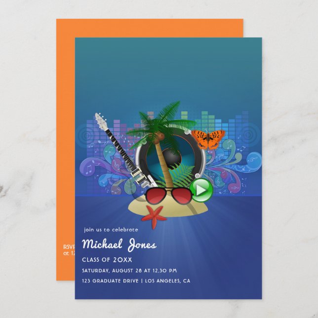 Tropical Music Fest Island Graduation Party Invita Invitation (Front/Back)