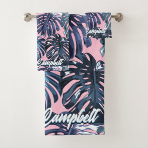 Tropical Muted Blue Pink Monstera Leaves Name Bath Towel Set