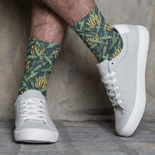 Tropical Navy Banana Leaves and Yellow Bananas Socks