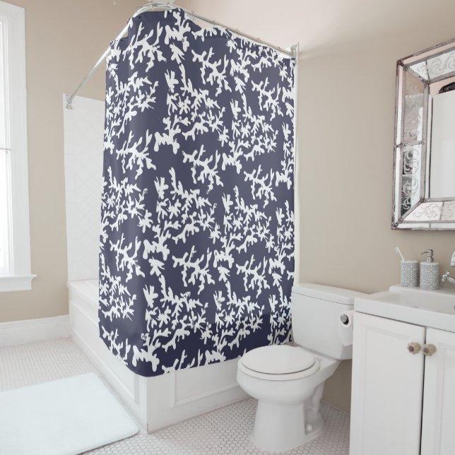 Tropical Navy Blue and White Coral Reef Pattern Shower Curtain (In Situ)