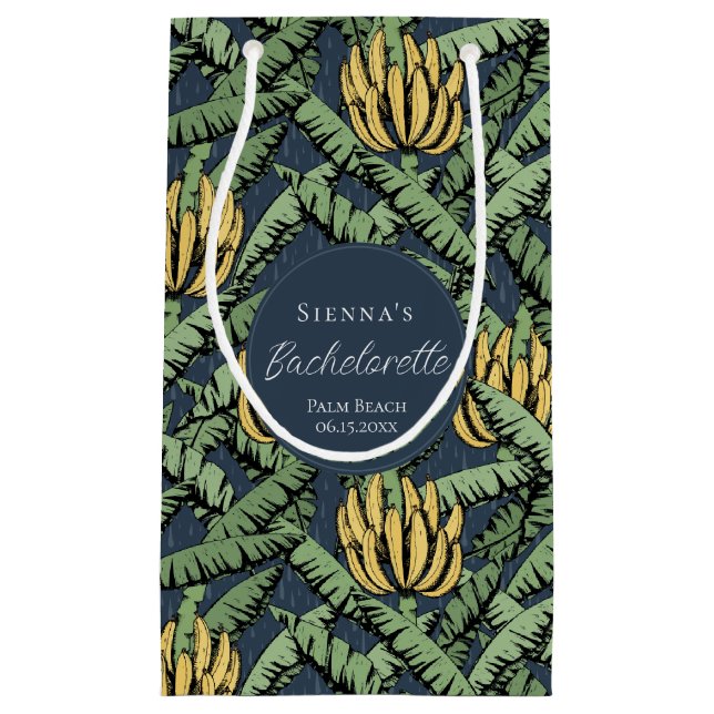 Tropical Navy Blue Banana Leaves Bachelorette Small Gift Bag (Front)