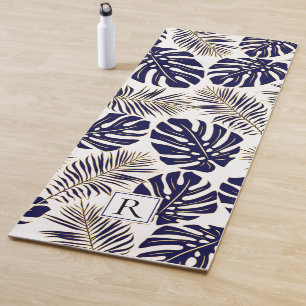 Tropical navy blue, gold leaves and monogram yoga mat