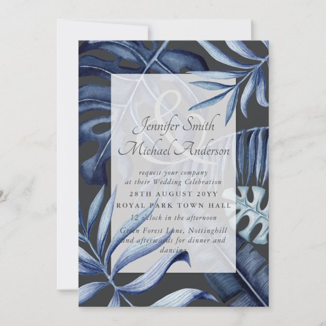 Tropical Navy Blue Leaves Wedding Couples Invites (Front)