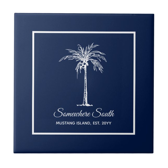 Tropical Navy Blue White Palm Tree Personalised Tile (Front)