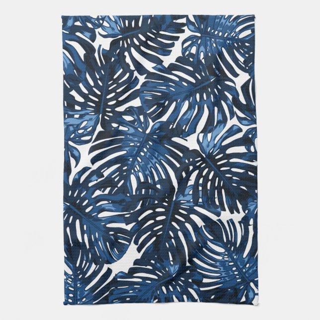Tropical Navy Blue White Stylish Palm Leaves Tea Towel (Vertical)