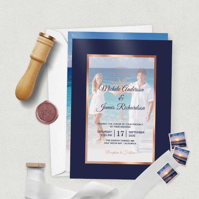 Tropical Navy Rose Gold Palm Tree Beach Wedding Vellum Invitations (Tropical Navy Rose Gold Palm Tree Beach Wedding Vellum Invitations (photo card sold separately))