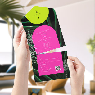 Tropical Neon Arches Palm Tree Monogram QR Wedding All In One Invitation