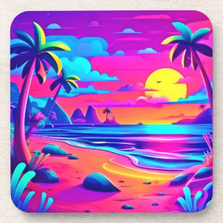 Tropical Neon Beach Sunset Art Coaster