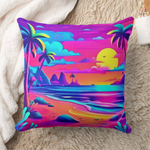 Tropical Neon Beach Sunset Art Cushion