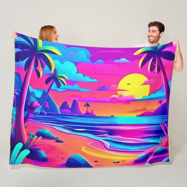 Tropical Neon Beach Sunset Art Fleece Blanket (In Situ)