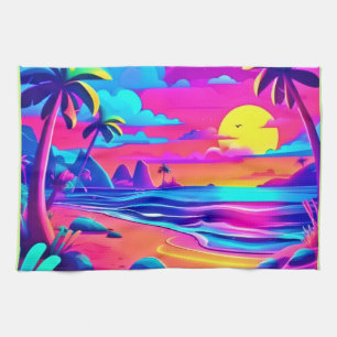 Tropical Neon Beach Sunset Art Tea Towel