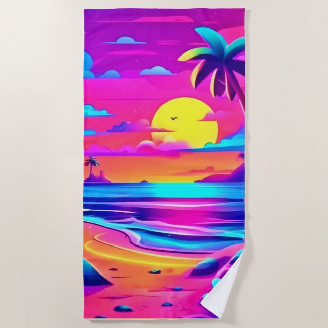 Tropical Neon Beach Sunset Art Towel (Front)