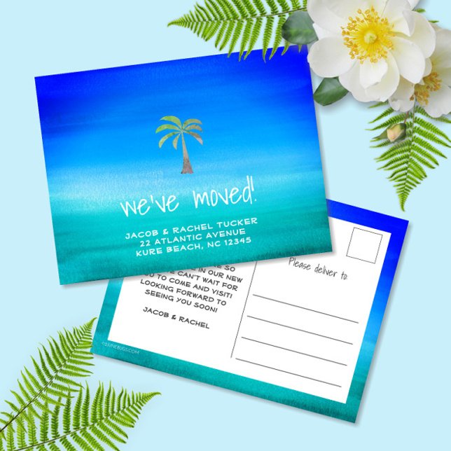 Tropical Neon Beachy Palm Tree Moving Announcement Postcard (Creator Uploaded)