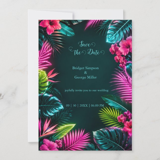 Tropical Neon Botanical Wedding Paradise Invitation (Front)