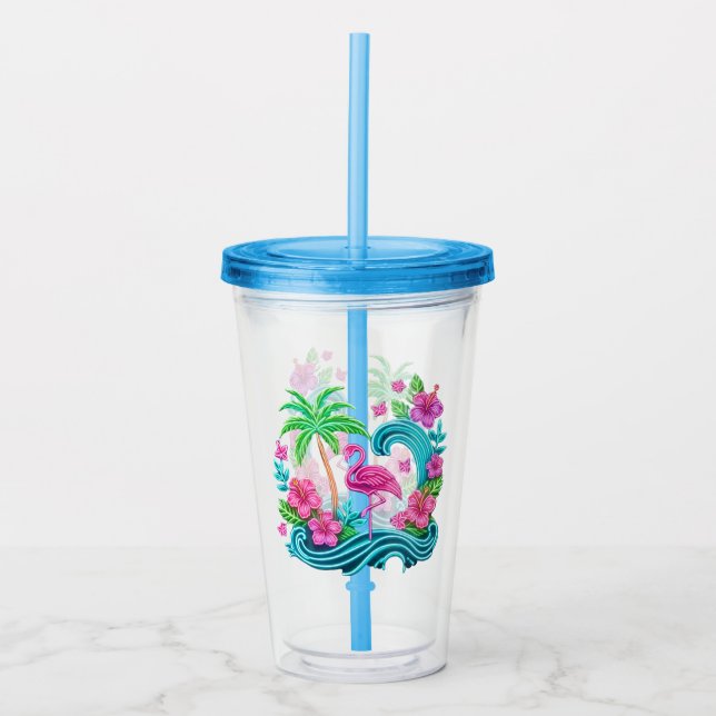 Tropical Neon Flamingo Acrylic Tumbler (Front)