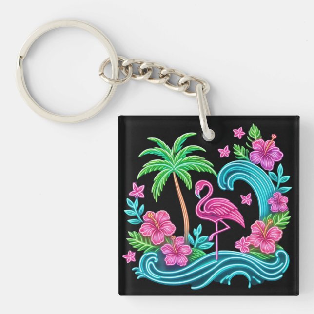 Tropical Neon Flamingo Key Ring (Front)