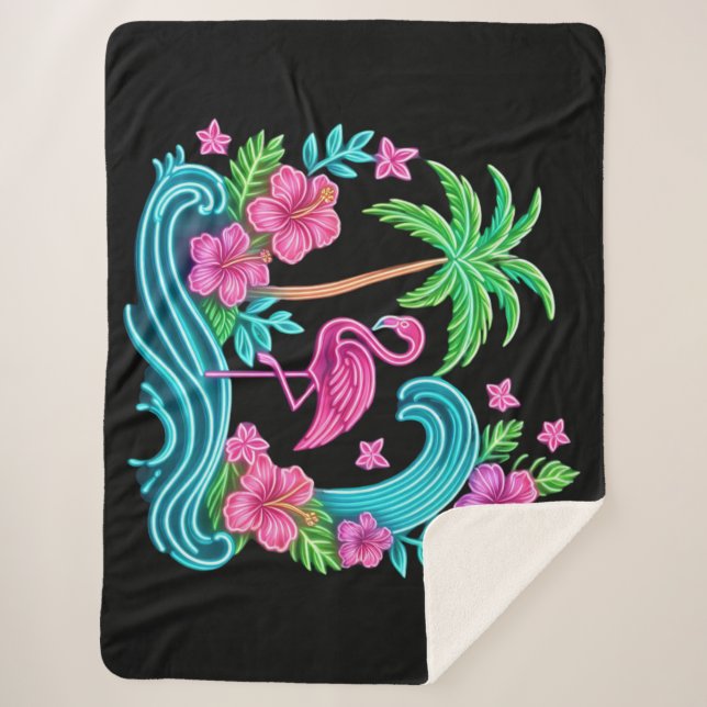Tropical Neon Flamingo Sherpa Blanket (Front)