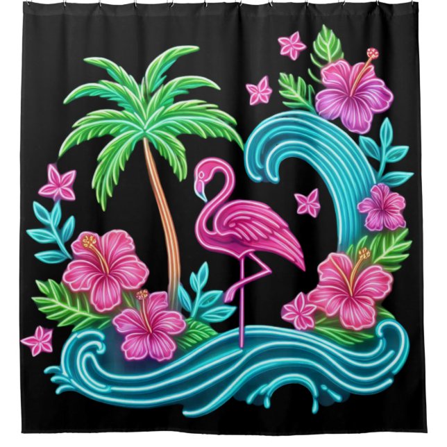Tropical Neon Flamingo Shower Curtain (Front)