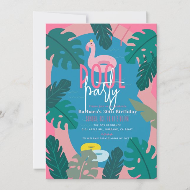 Tropical Neon Pink Pool Adult Birthday Invitation (Front)