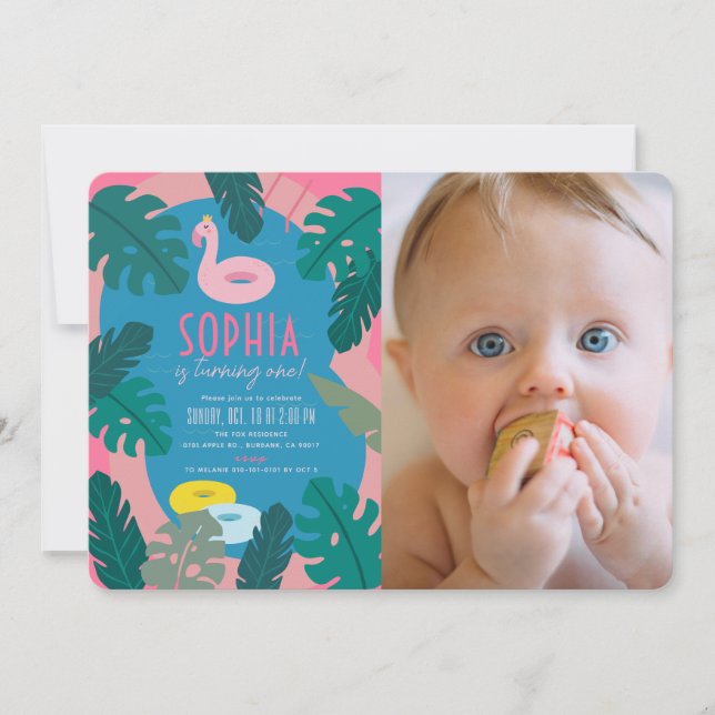 Tropical Neon Pink Pool Girl 1st Birthday Photo Invitation (Front)