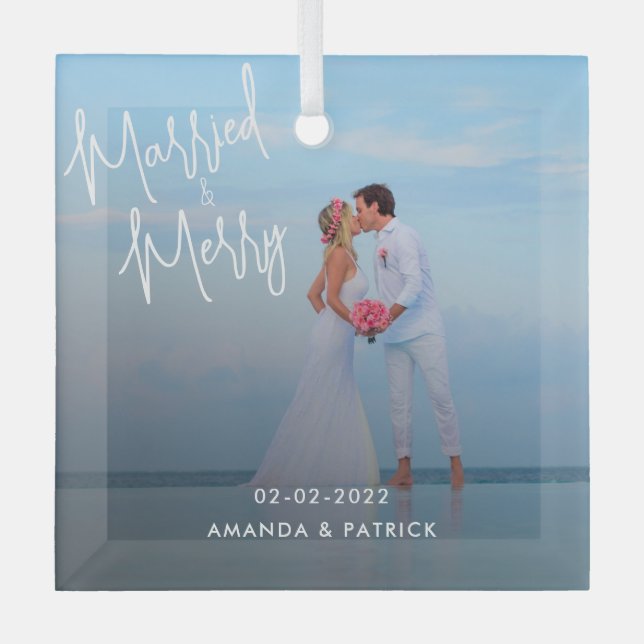 Tropical Newlywed Photo Script Married and Merry Glass Tree Decoration (Front)