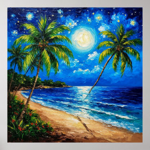 Tropical Night Beach Scene with Palm Trees Poster