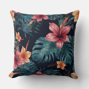 Tropical Night Blooms Vibrant Botanical Pattern Cushion
