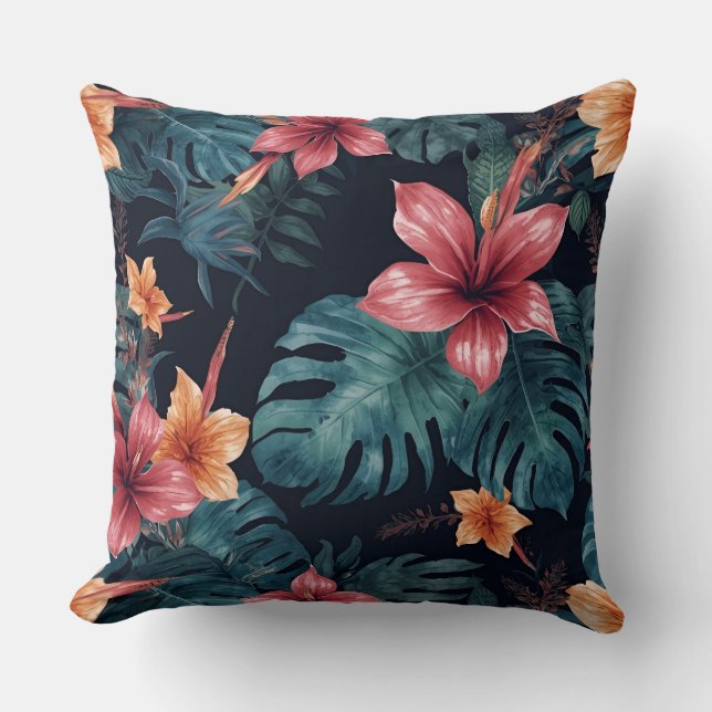 Tropical Night Blooms Vibrant Botanical Pattern Cushion (Front)