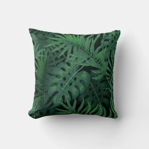 Tropical Night Green: Exotic Plant Pattern Cushion