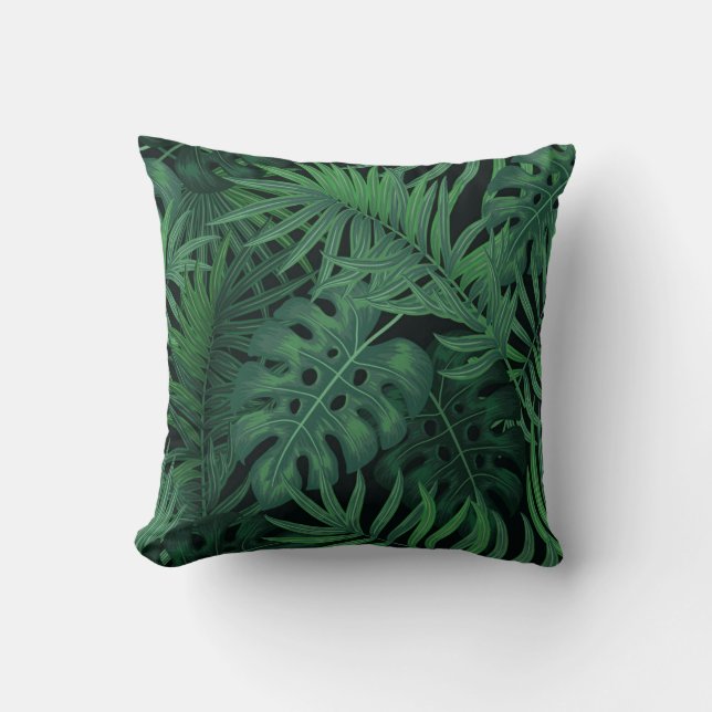 Tropical Night Green: Exotic Plant Pattern Cushion (Front)