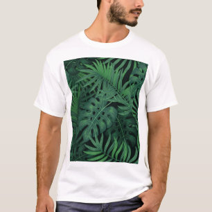 Tropical Night Green: Exotic Plant Pattern T-Shirt