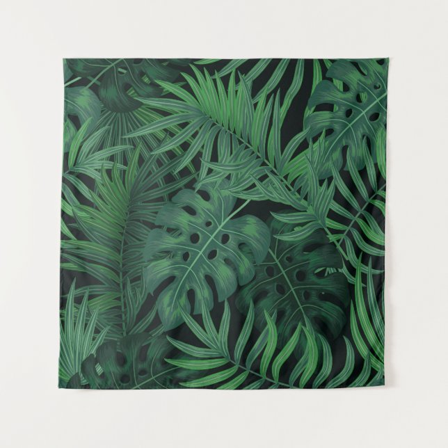 Tropical Night Green: Exotic Plant Pattern Tapestry (Front)