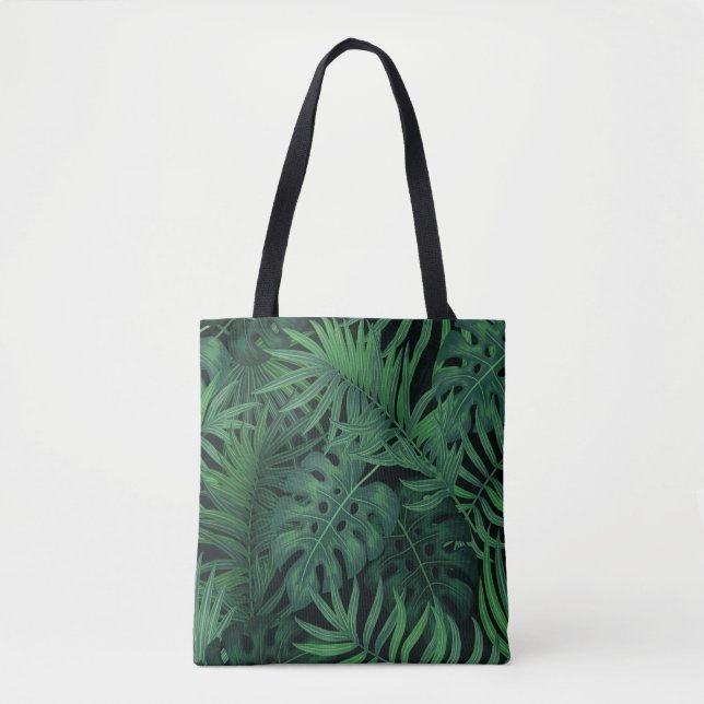 Tropical Night Green: Exotic Plant Pattern Tote Bag (Front)
