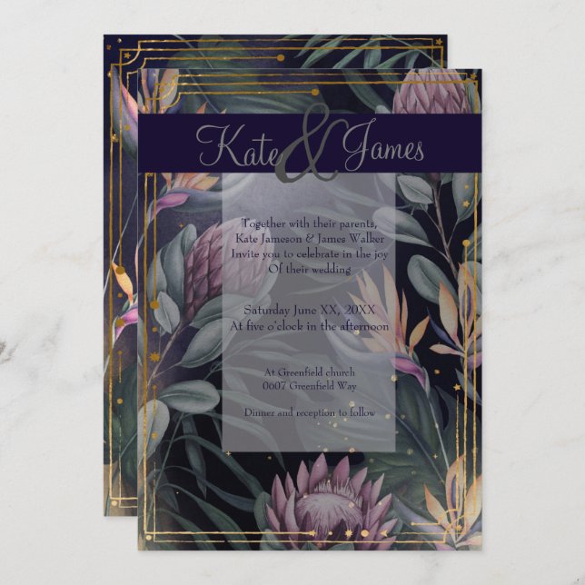 Tropical Nights Navy and Gold Wedding Invitation (Front/Back)