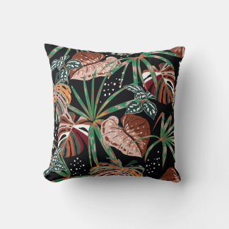 Tropical Noir: Dark Exotic Forest Pattern Cushion