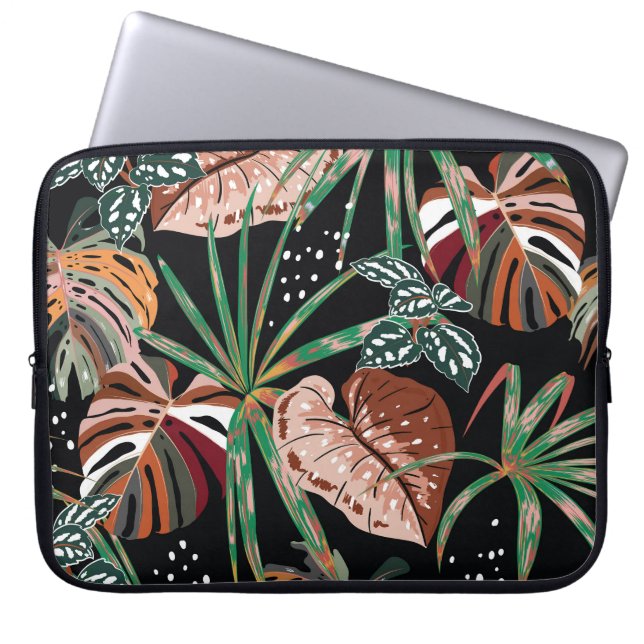 Tropical Noir: Dark Exotic Forest Pattern Laptop Sleeve (Front)