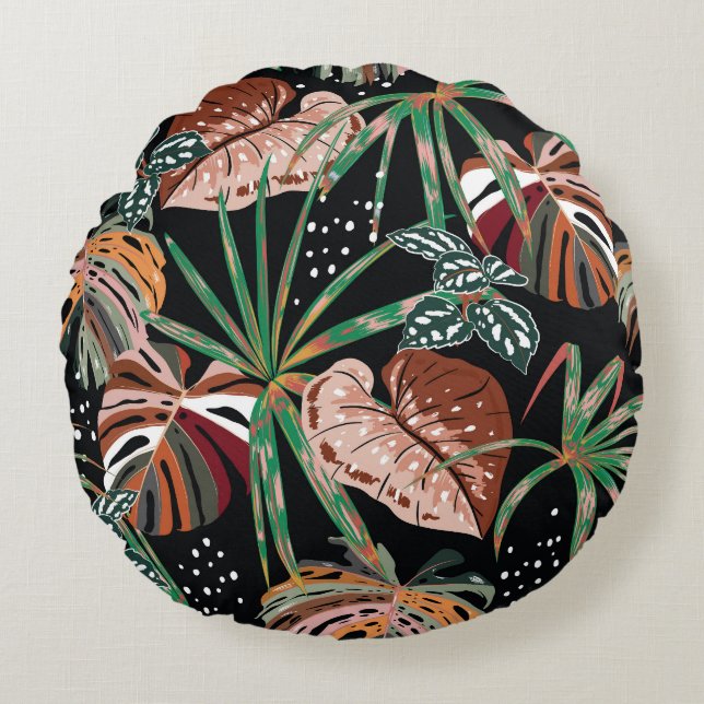 Tropical Noir: Dark Exotic Forest Pattern Round Cushion (Front)