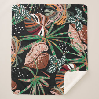 Tropical Noir: Dark Exotic Forest Pattern Sherpa Blanket