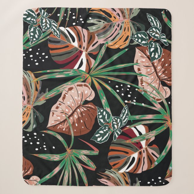 Tropical Noir: Dark Exotic Forest Pattern Sherpa Blanket (Front)