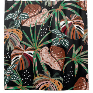 Tropical Noir: Dark Exotic Forest Pattern Shower Curtain