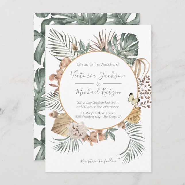 Tropical Oasis Modern Palm Wreath Wedding Invitation (Front/Back)